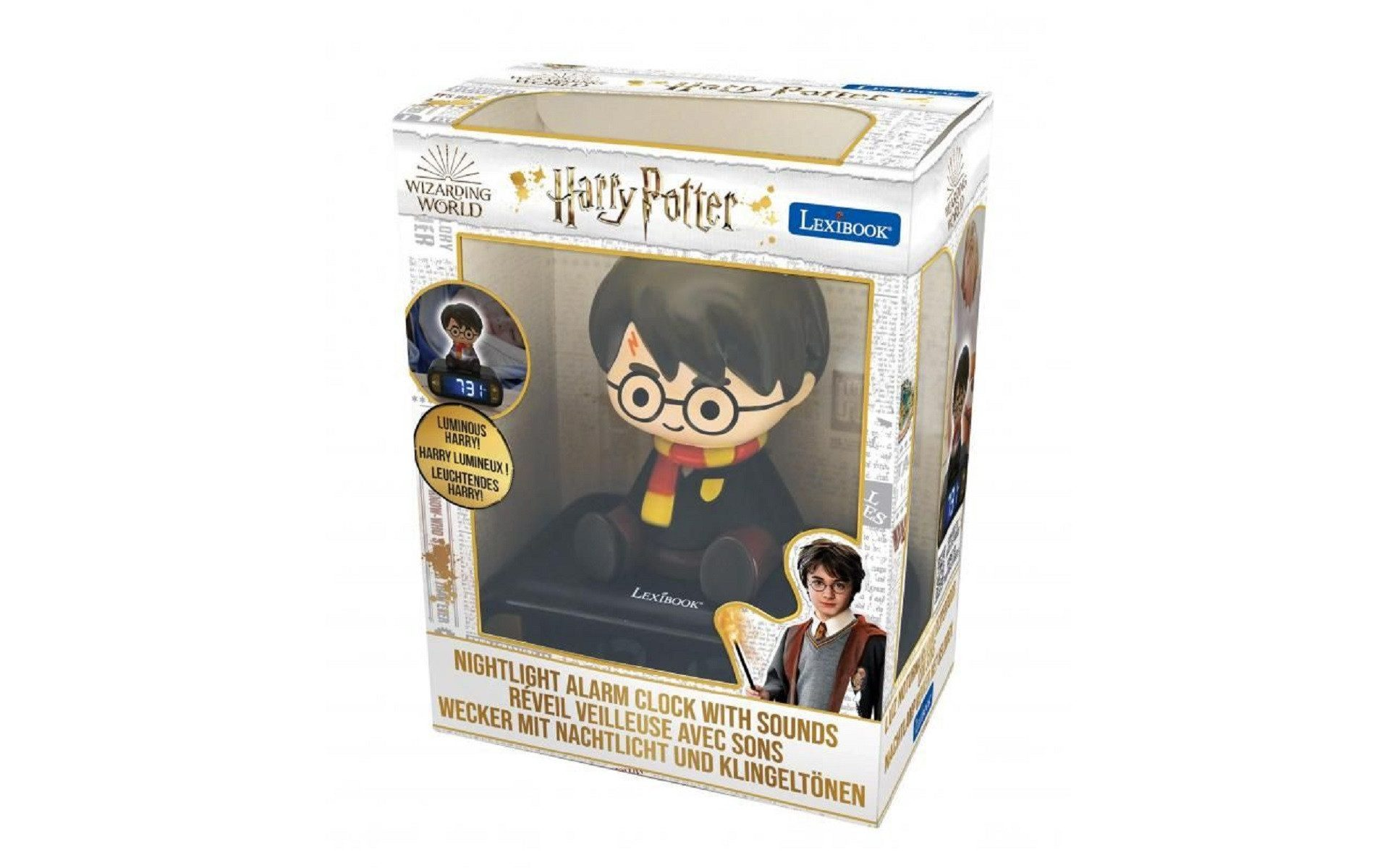 Sveglia con luce notturna di Harry Potter in una scatola, con l'immagine di Harry.