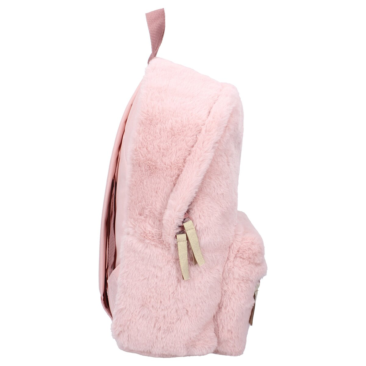 Ein rosa, pelziger Rucksack mit oberem Griff und Reißverschluss. Der Rucksack ist flauschig und weich.