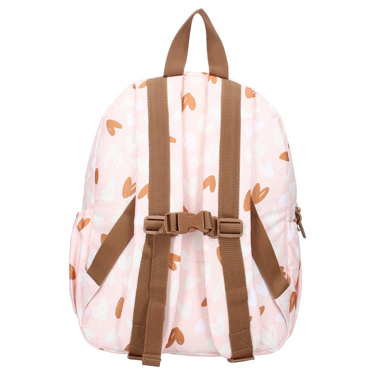 Rosa Rucksack mit braunen Trägern und Schnalle. Hat ein Muster aus weißen und braunen Herzen.