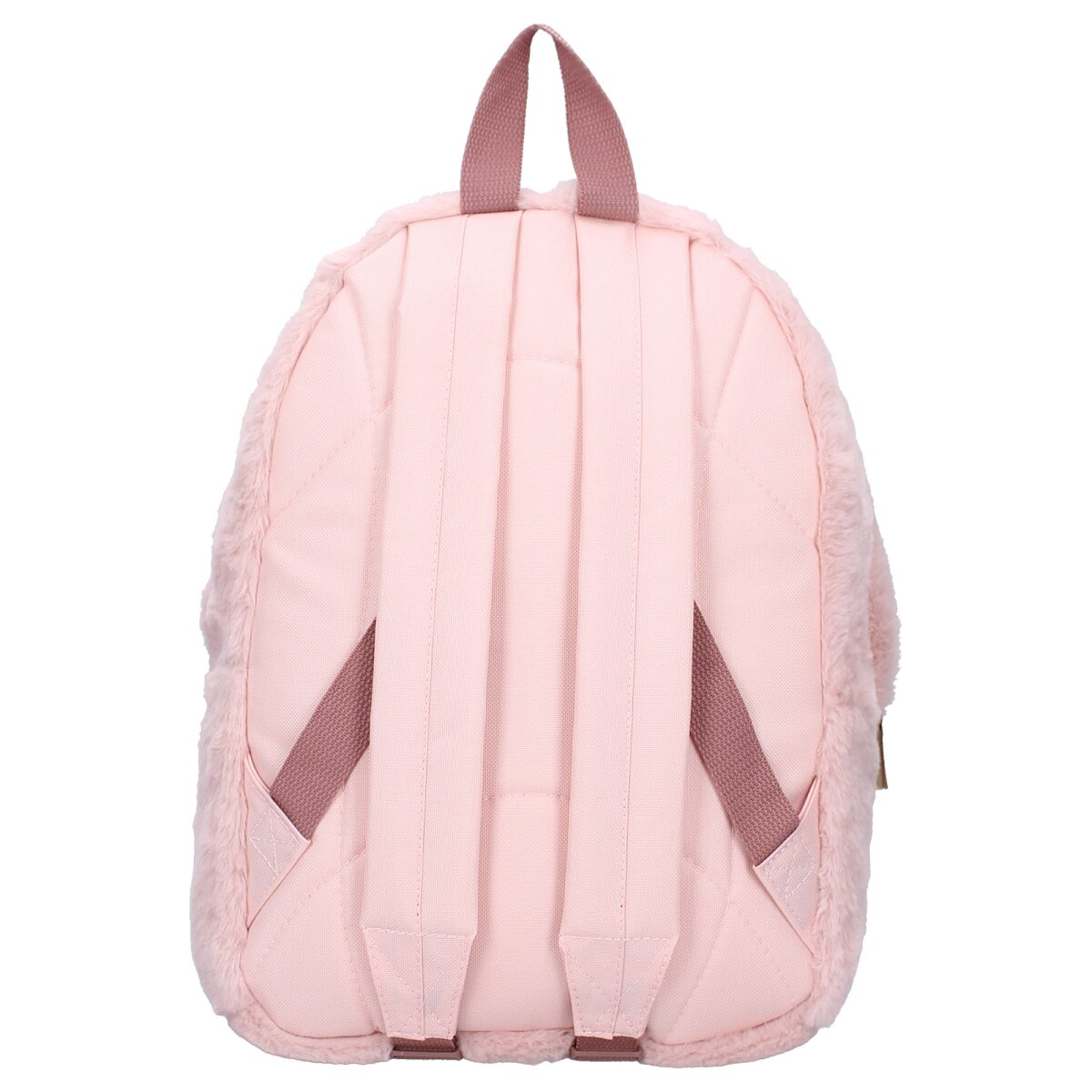 Rosa, flauschiger Rucksack mit rosa Trägern. Er hat ein gestepptes Muster auf der Rückseite.