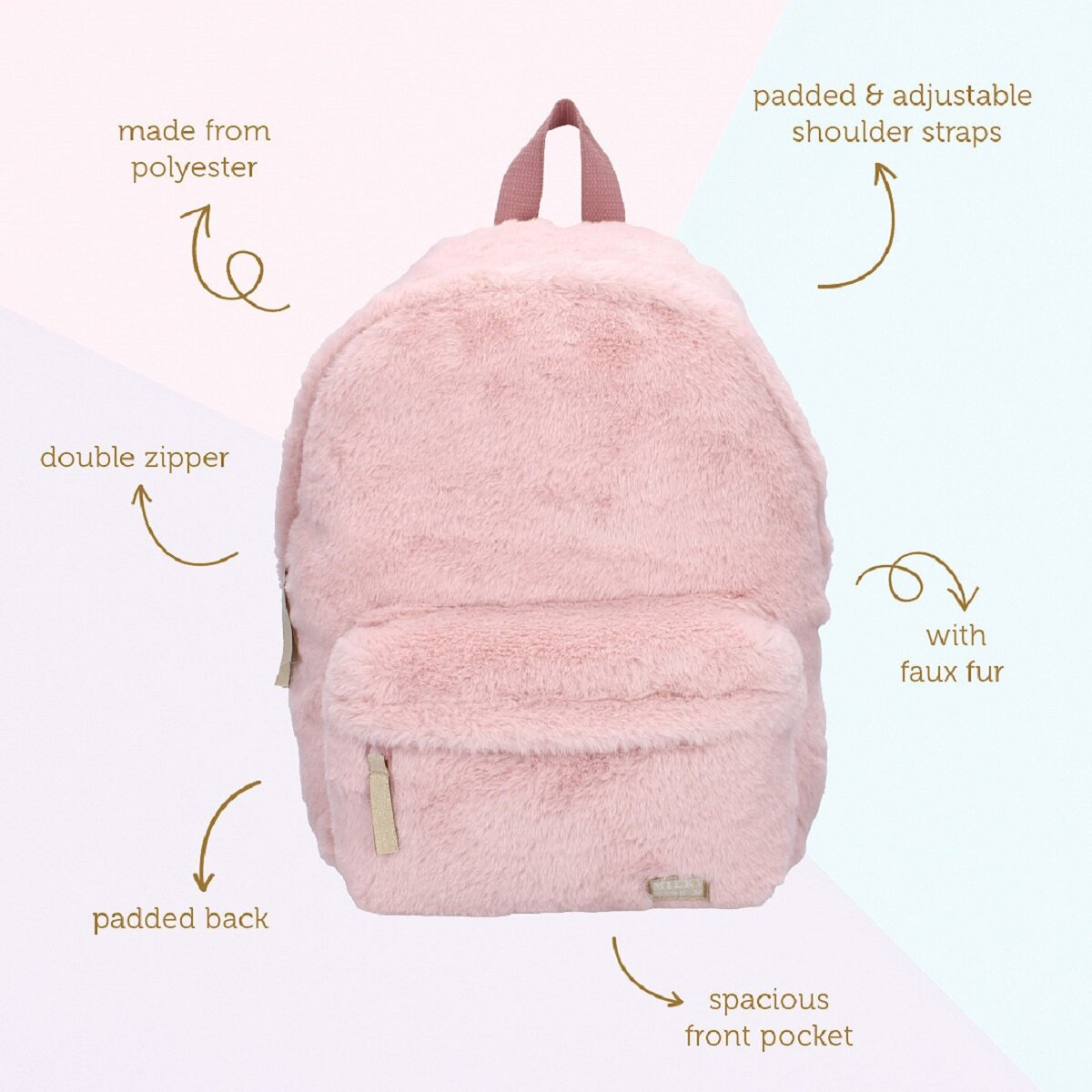 Rosa flauschiger Rucksack mit mehreren Taschen und Textetiketten.