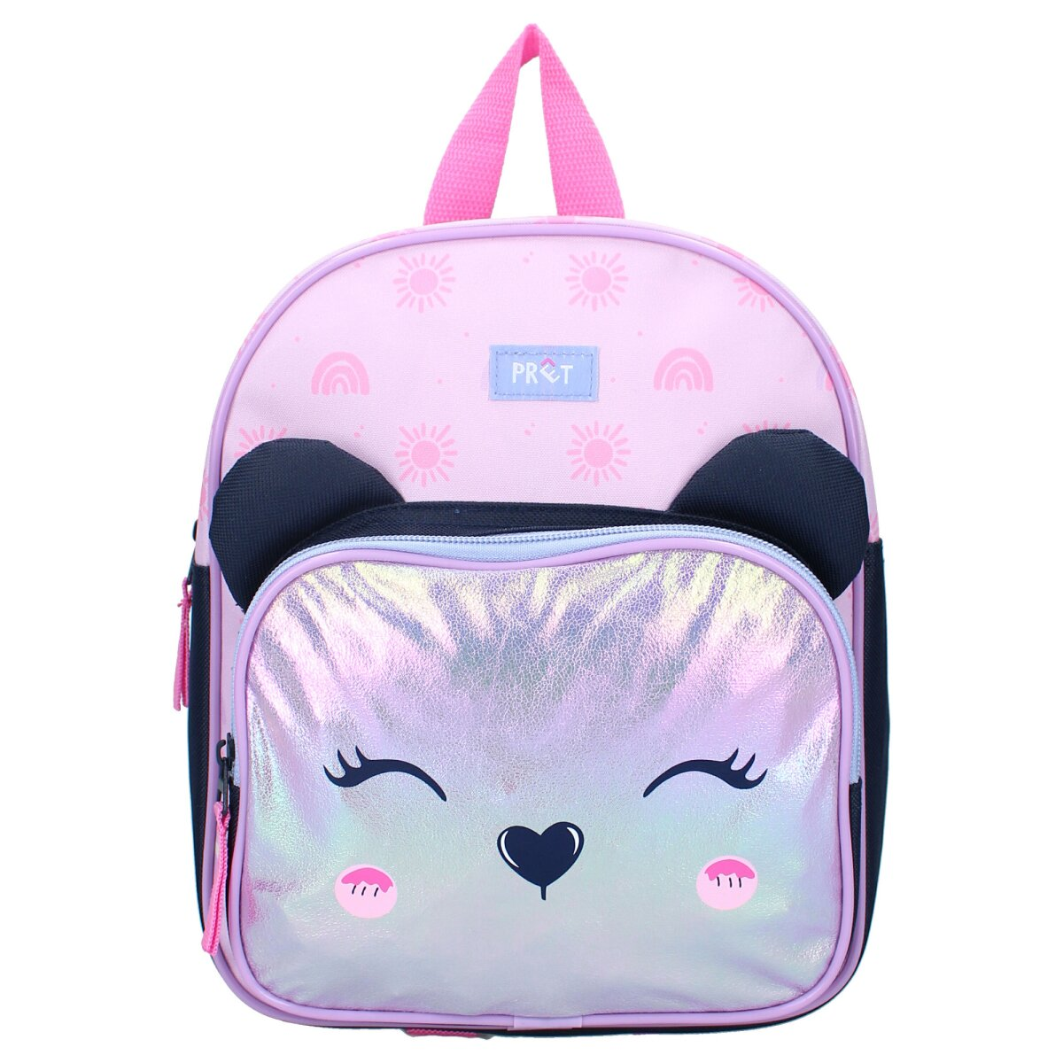 Rosa Rucksack mit Bärengesicht und Regenbogen darüber.