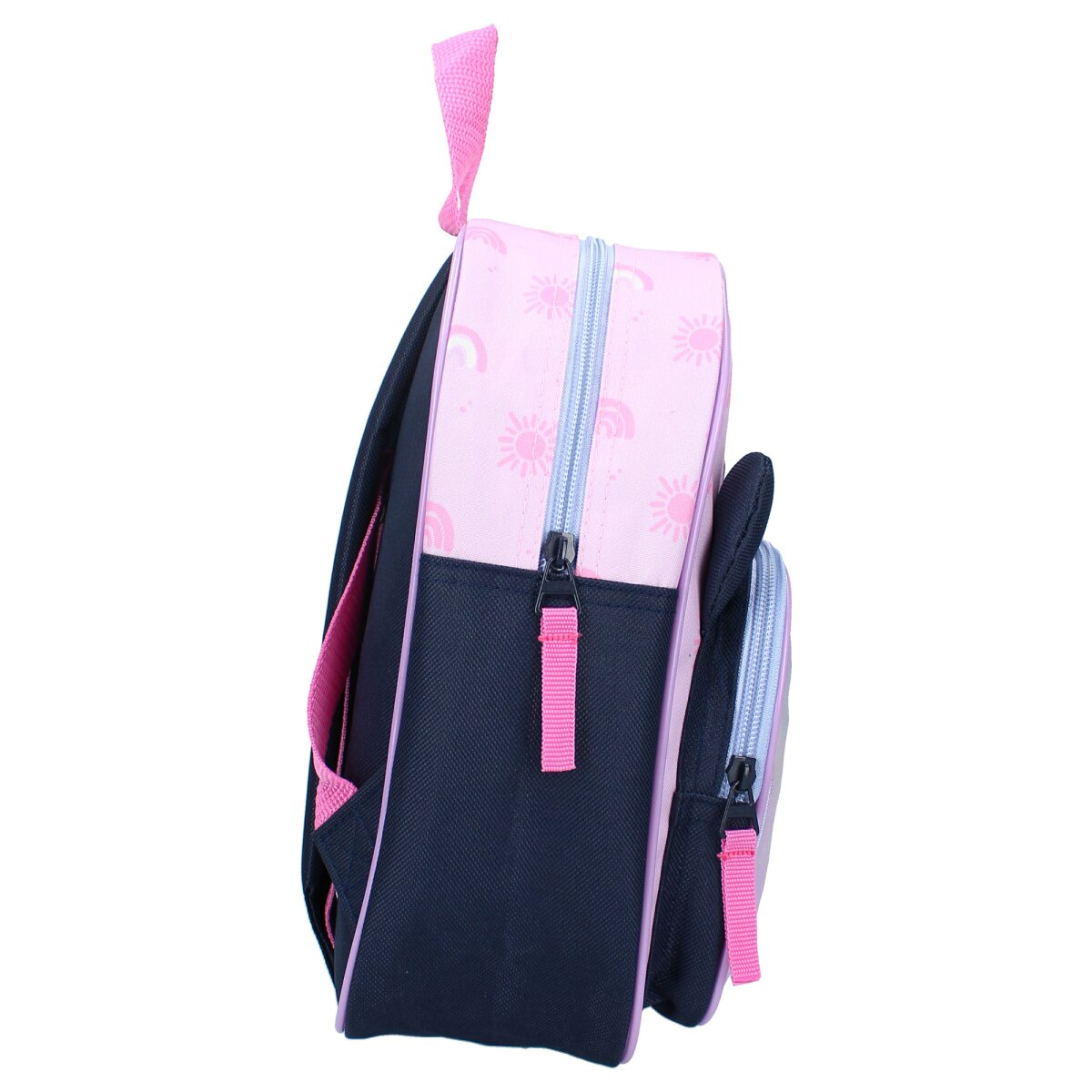 Rosa und marineblauer Rucksack. Er hat einen Reißverschluss mit rosa Zuglasche, einen Regenbogen und Sonnen.