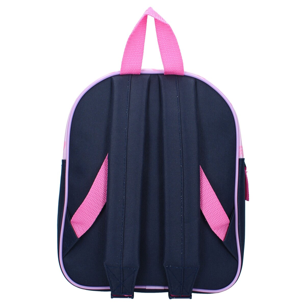 Marineblauer Rucksack mit rosa Akzenten. Rosa Griff und Träger. Dunkelblauer Rücken.