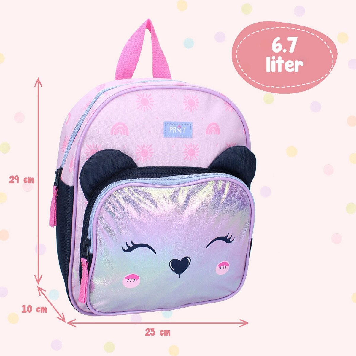 Rosa Bärenrucksack mit Maßangaben. Mit Bärengesicht und Bärenohren.