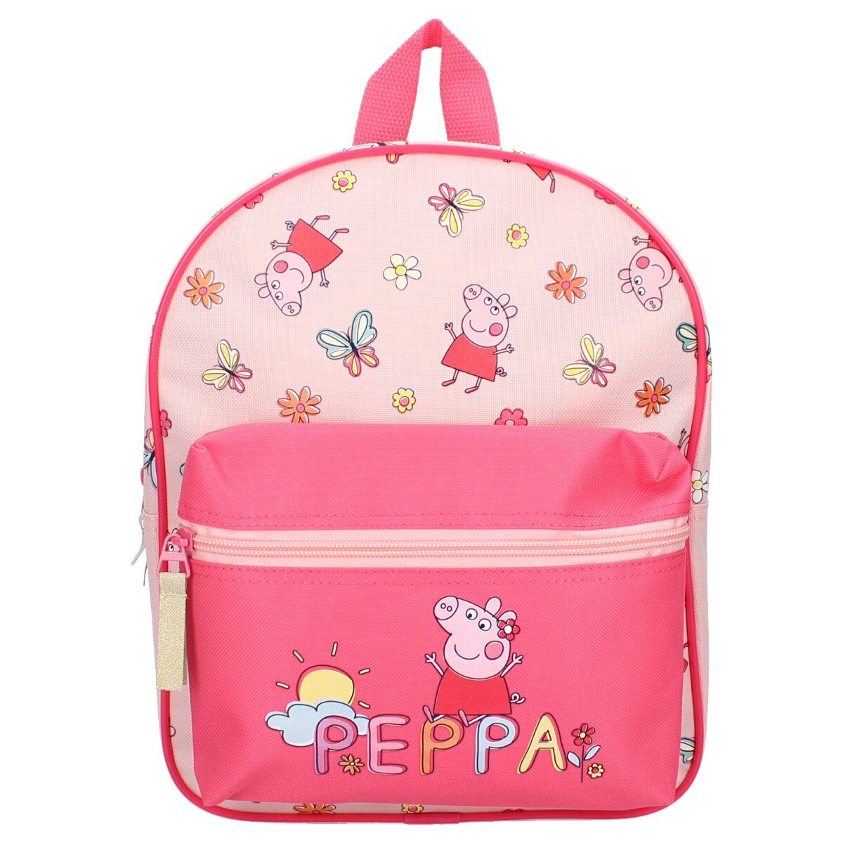 Rosa Peppa Wutz Rucksack mit Peppa und Blumen. Reißverschlusstasche und Tragegriff.