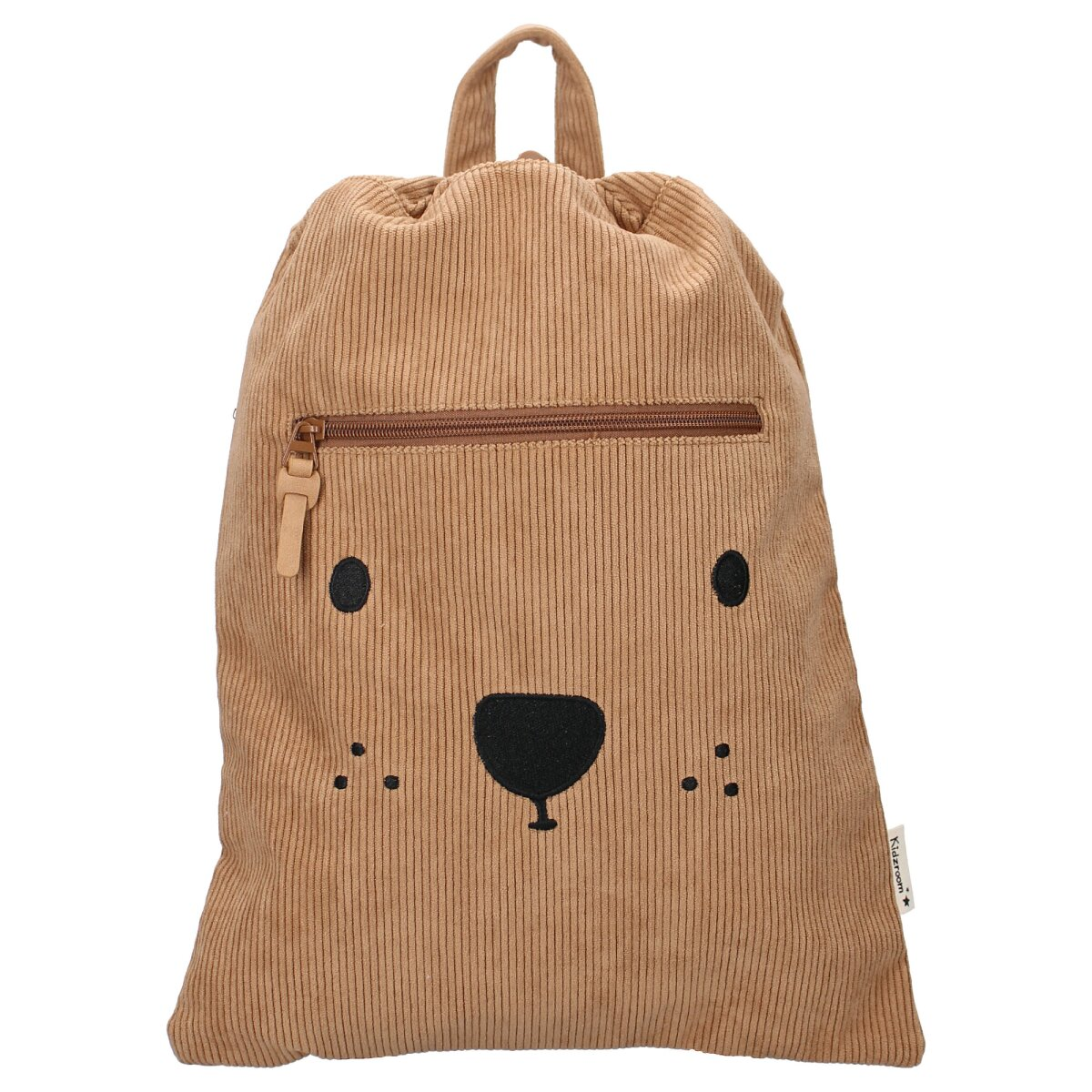 Ein brauner Cord-Rucksack mit einem Bärengesicht. Er hat einen Reißverschluss und einen oberen Griff.