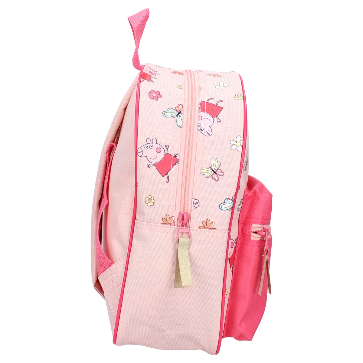 Rosa Peppa Wutz Rucksack. Seitenansicht, rosa und rote Farben. Mit Peppa Wutz und Blumendesigns.