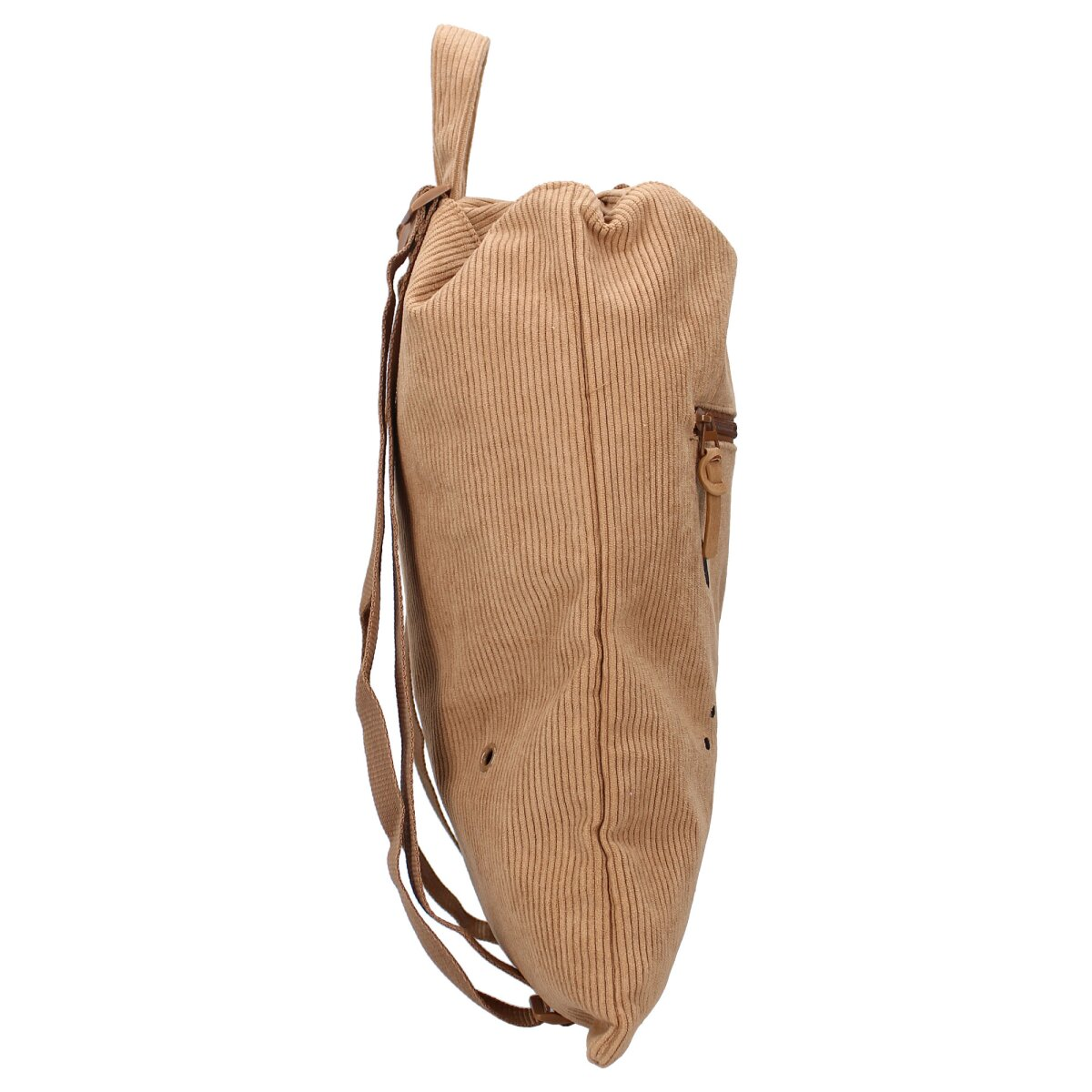 Beigefarbener Kordelzug-Rucksack mit seitlichem Reißverschluss und braunen Schultergurten, Seitenansicht.