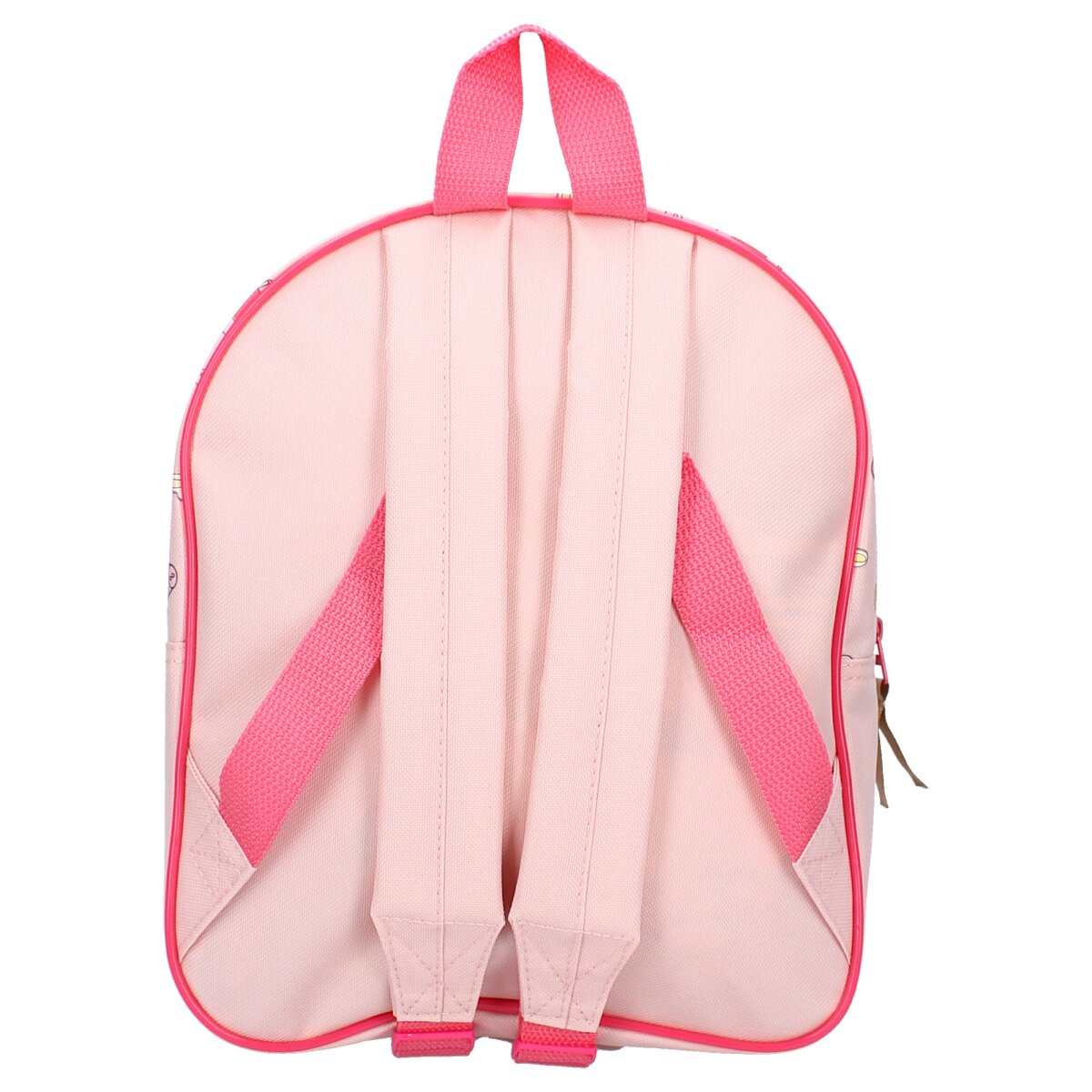 Ein rosa Rucksack mit rosa Trägern und weißem Hintergrund.