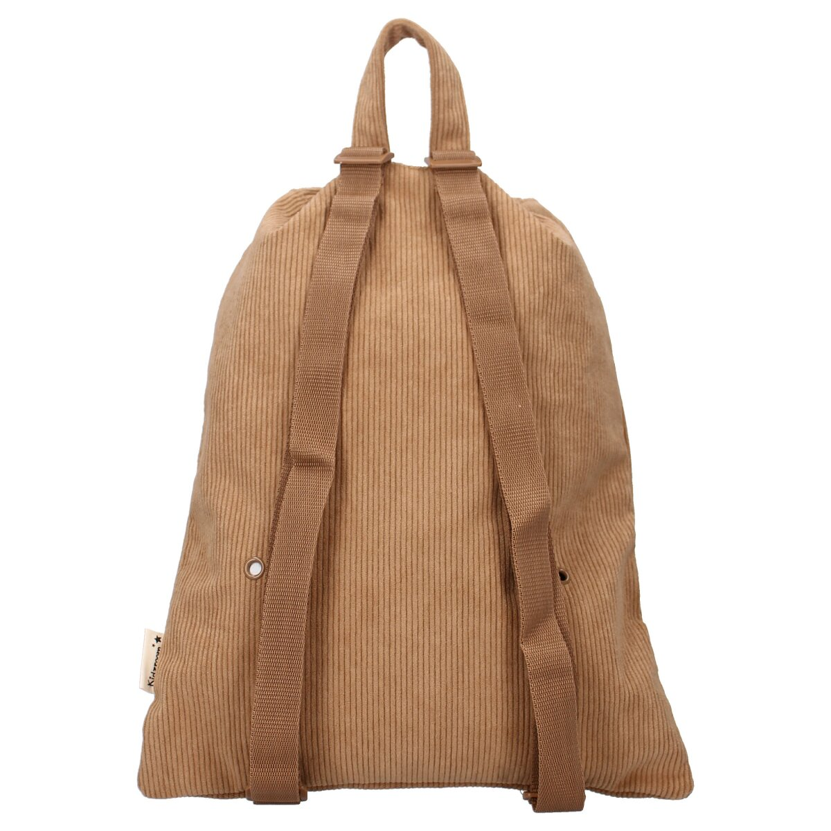 Cord-Rucksack in brauner Farbe. Die Tasche hat zwei Schultergurte und einen Kordelzugverschluss.