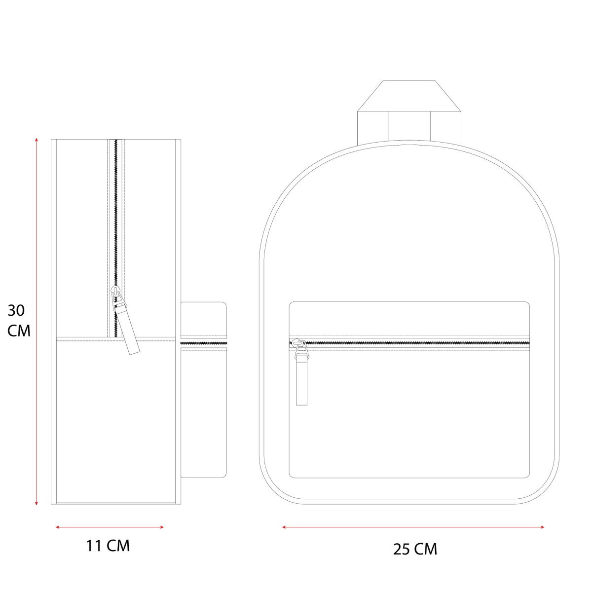 Diagramm eines Rucksacks mit Maßen. Höhe 30 cm, Breite 25 cm, Tiefe 11 cm.
