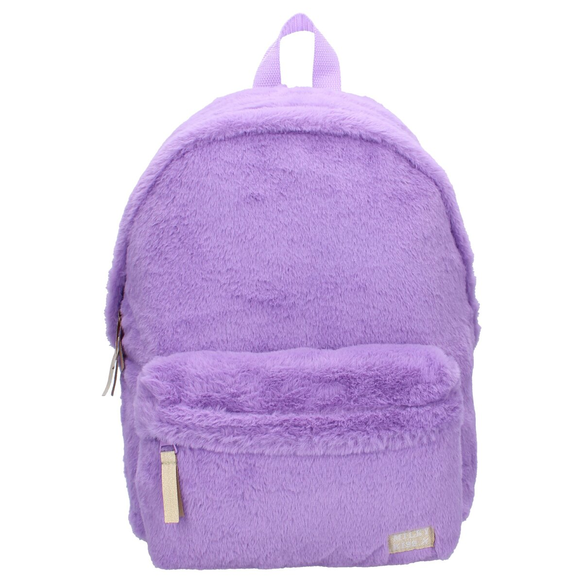Lila flauschiger Rucksack. Hat eine Vordertasche und einen Reißverschluss. Der Rucksack hat einen Tragegriff und Träger.