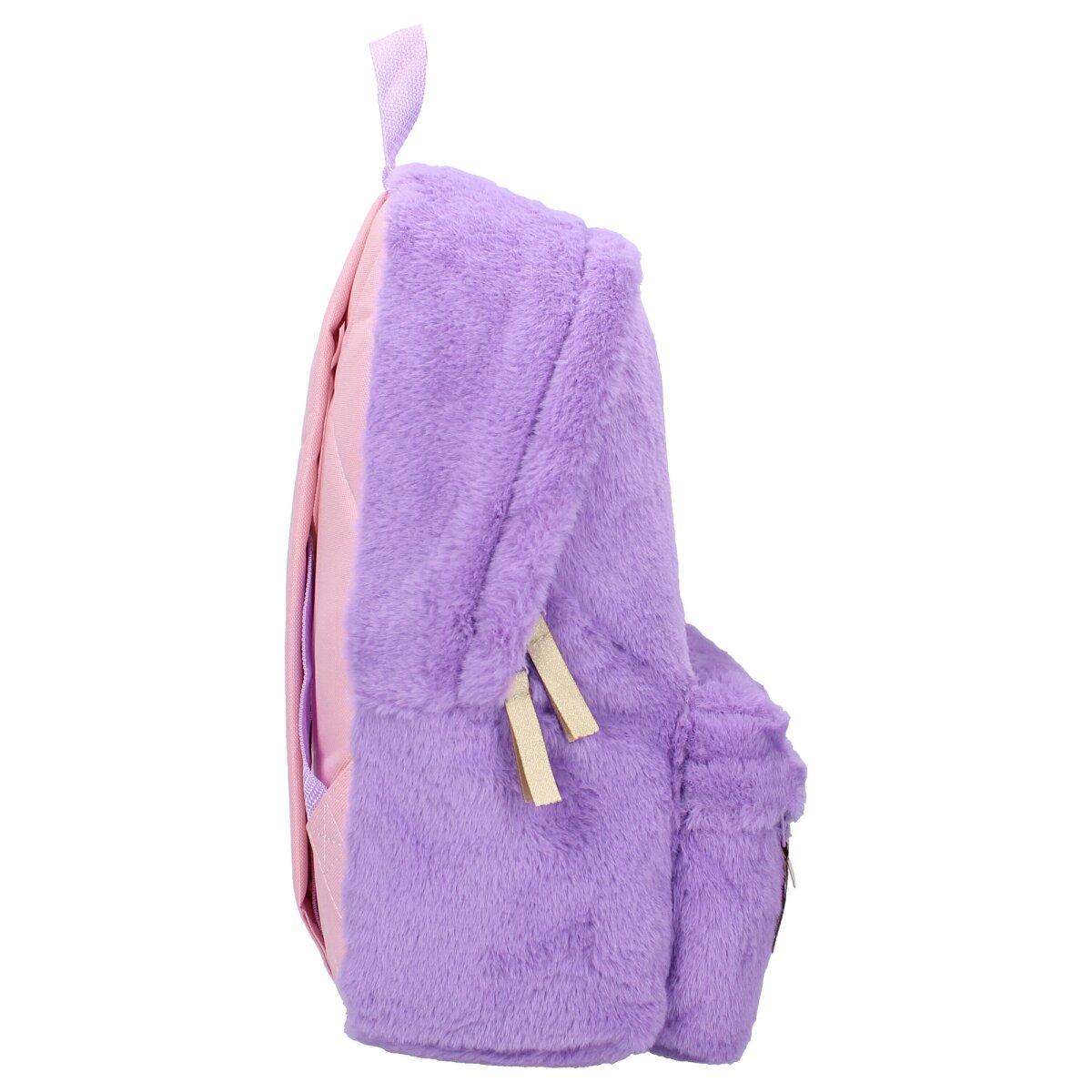 Ein Rucksack, rosa und lila, mit Kunstfell oben. Er hat einen Griff.