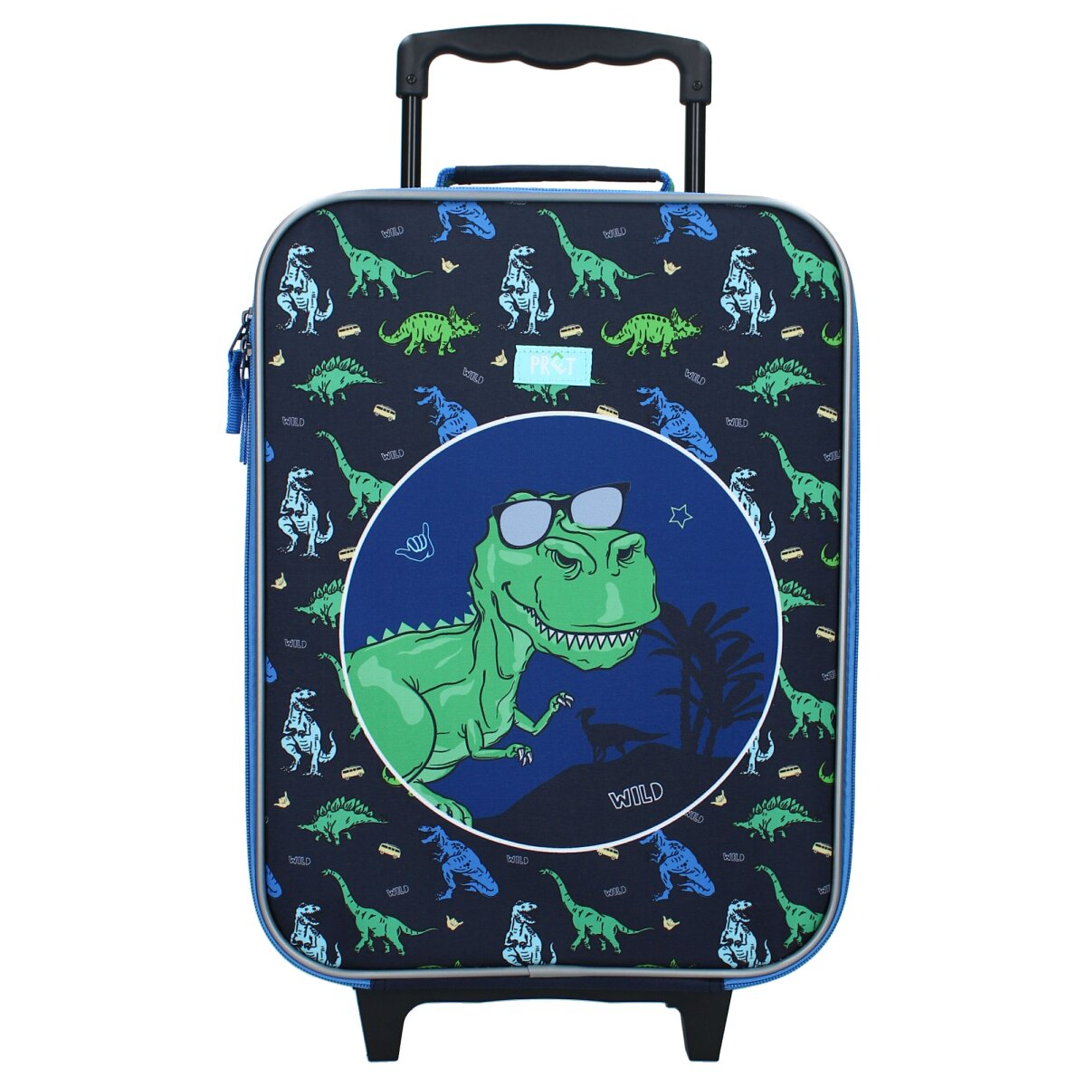 Rollkoffer mit Dinosauriern, grüner T-Rex mit Sonnenbrille in der Mitte.