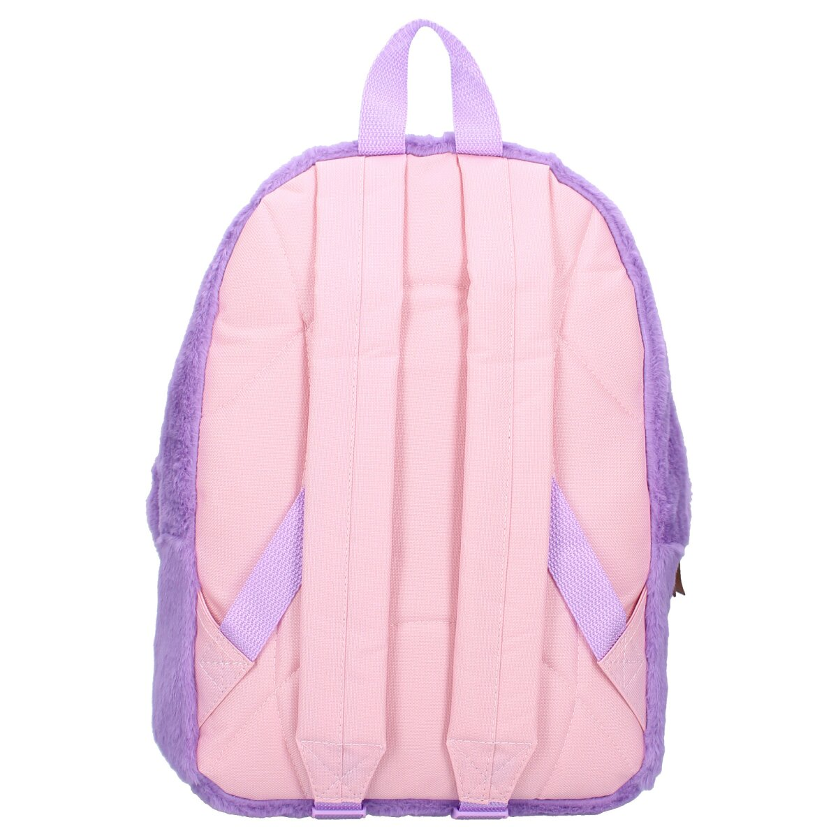 Ein lila flauschiger Rucksack mit rosa Rückseite und Trägern vor weißem Hintergrund.