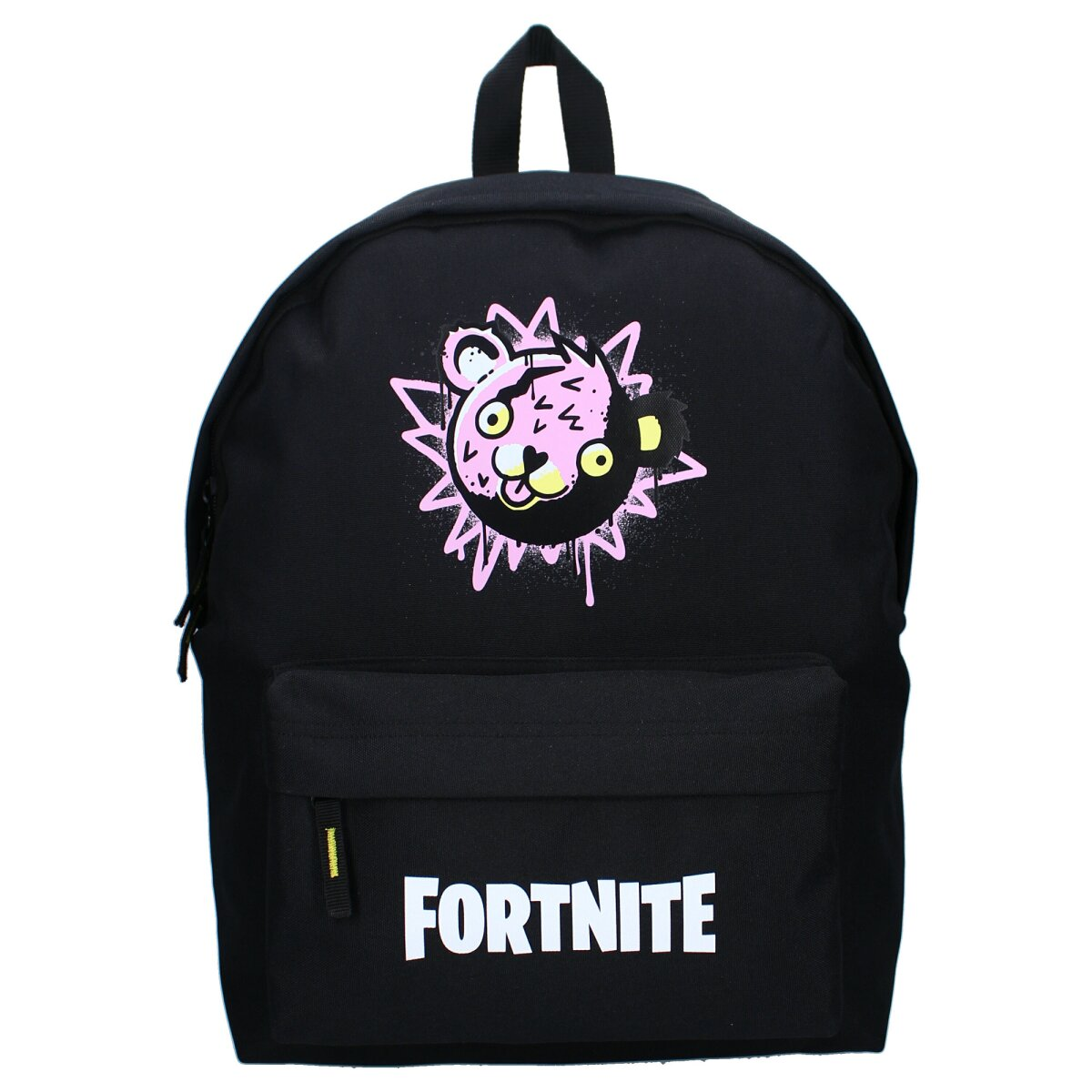 Schwarzer Rucksack mit Fortnite-Logo. Rosa und schwarze Grafik auf der Vordertasche. Hauptfach mit Reißverschluss.
