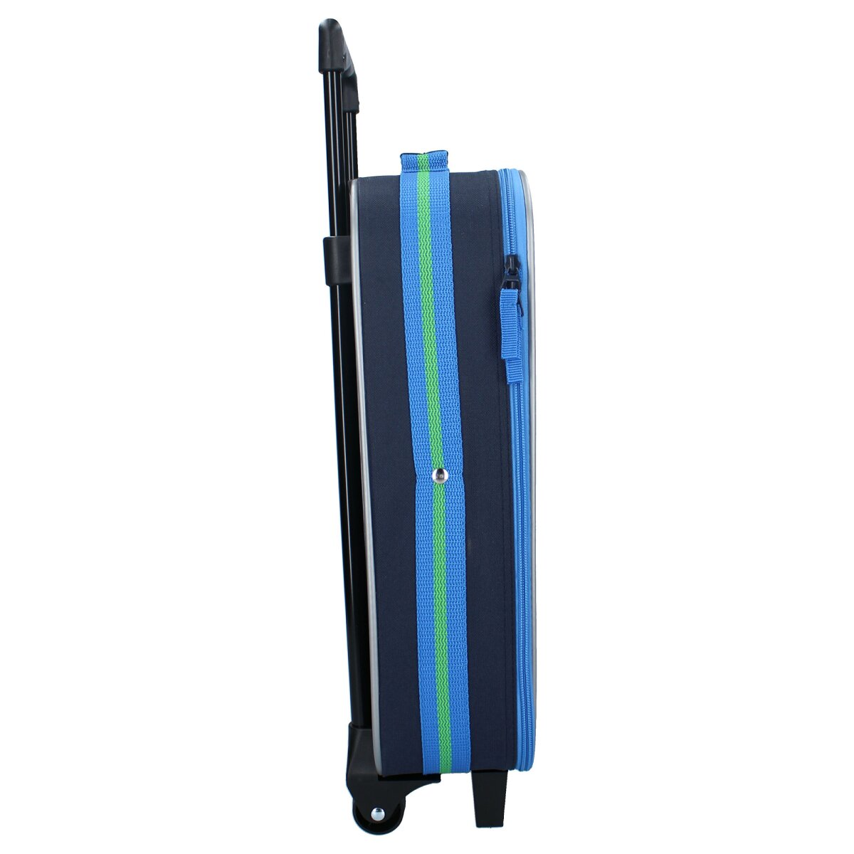 Blau-navyfarbener Koffer mit Griff und Rädern.