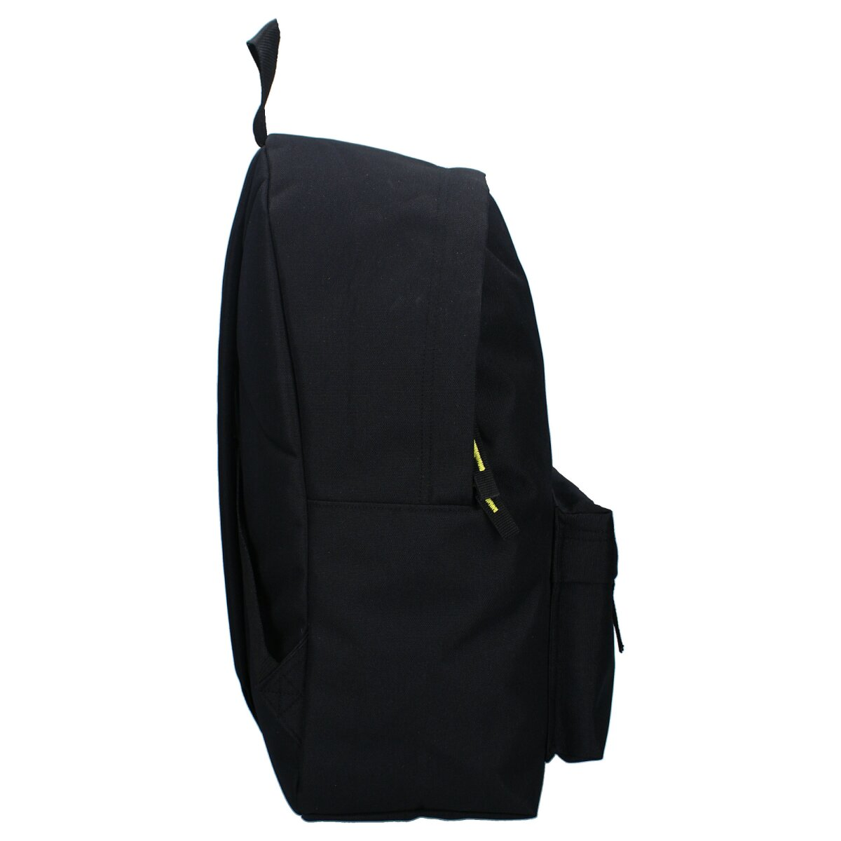 Schwarzer Rucksack mit Seitentasche und kleinem Griff. Reißverschlüsse sind gelb.