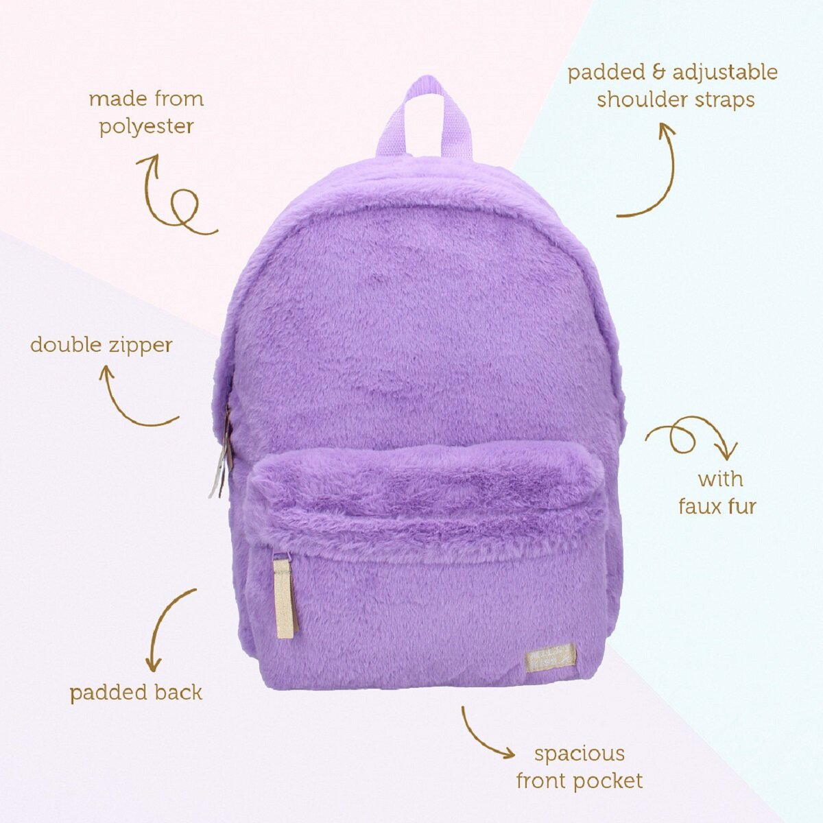 Ein flauschiger lila Rucksack mit Vordertasche, Doppelreißverschluss und Kunstfellakzenten.