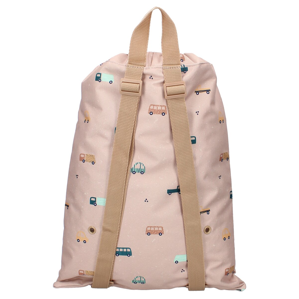 Ein rosafarbener Rucksack mit einem Muster aus bunten Fahrzeugen wird von hinten gezeigt, mit beigen Trägern und einem Tragegriff.
