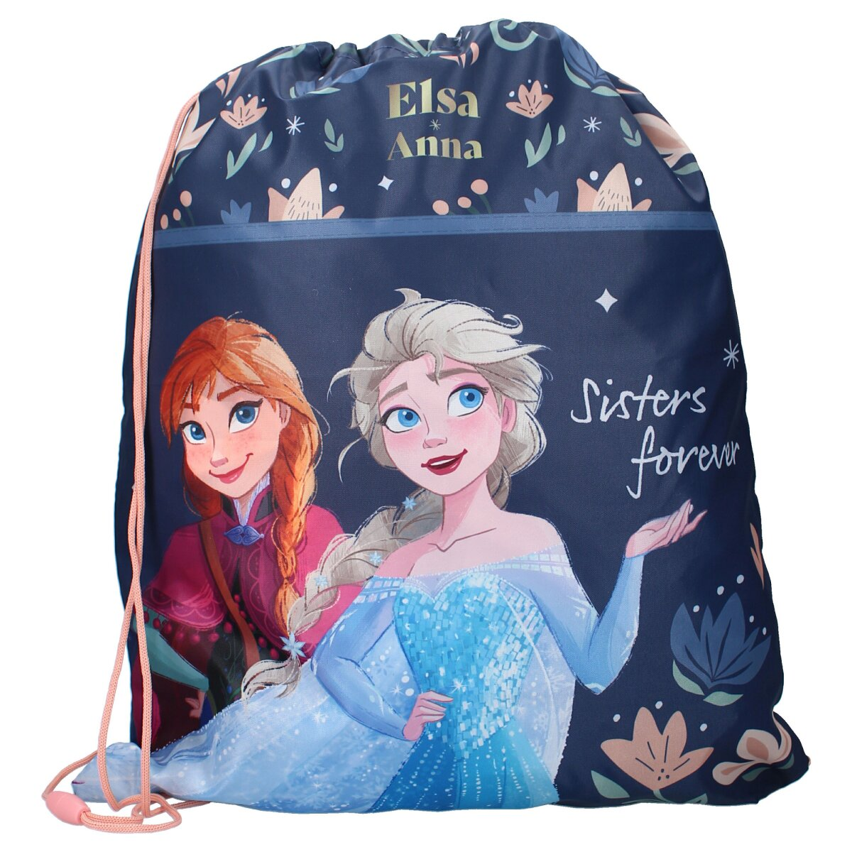Dunkelblauer Beutel mit Elsa und Anna aus Frozen. Blumendetails. Pinkfarbener Kordelzug. Text: 'Sisters forever'.