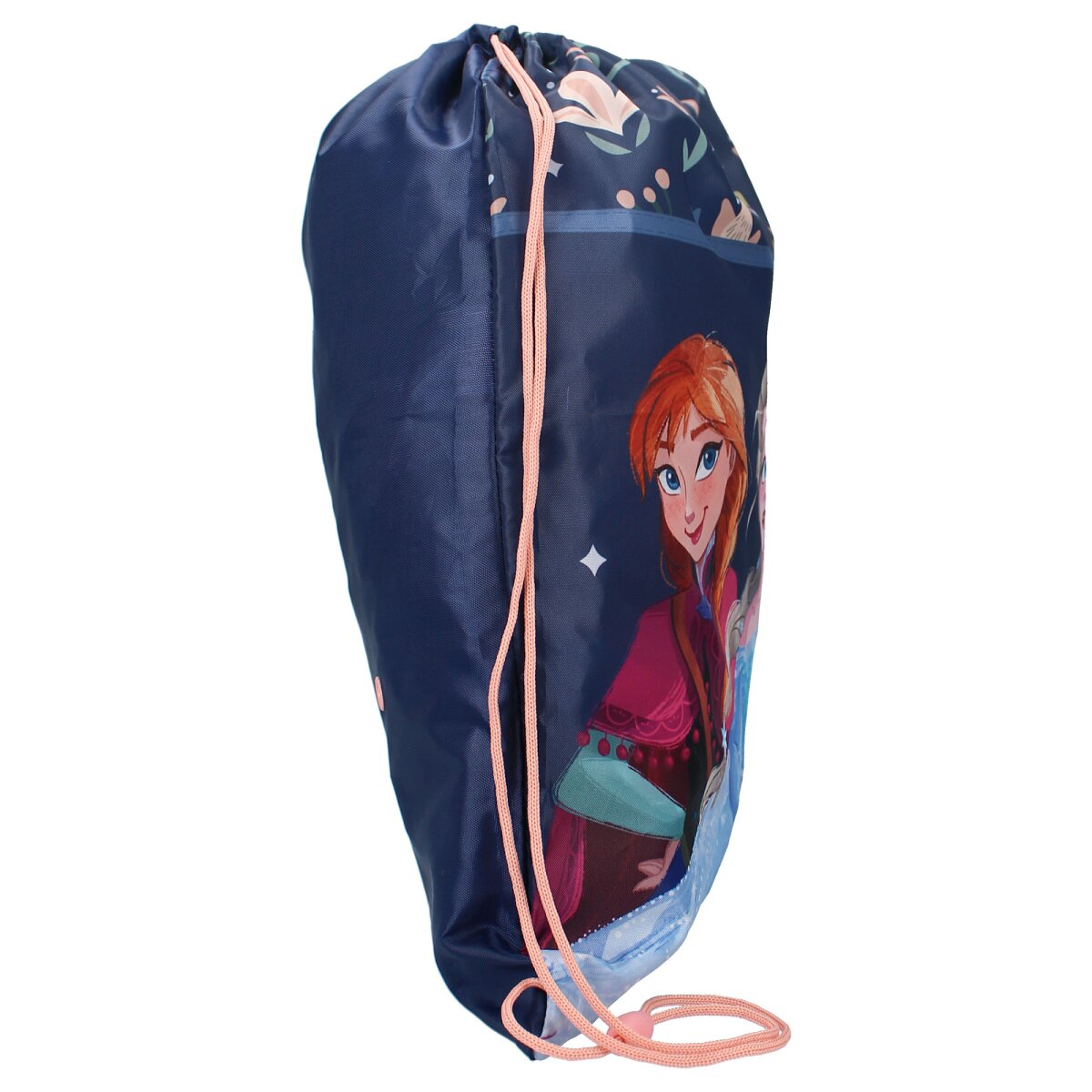 Blauer Kordelzugbeutel mit einem Bild von zwei Frauen aus dem Film Frozen. Rosa Kordelzug.