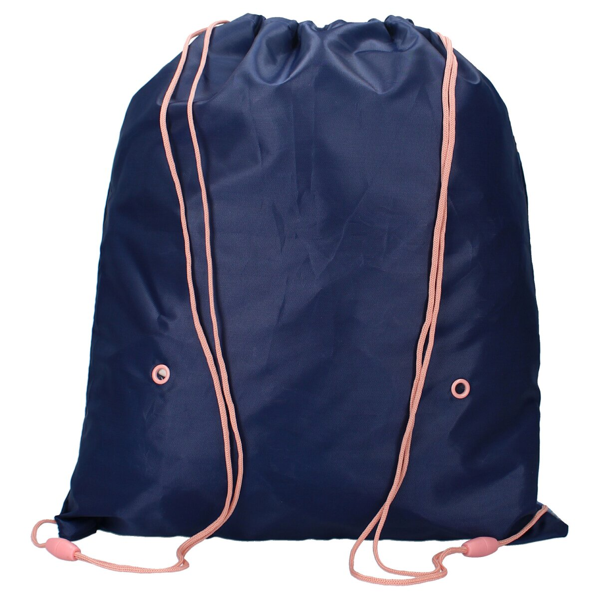 Marineblauer Kordelzugbeutel mit rosa Kordeln und Ösen. Vorderansicht, weißer Hintergrund.