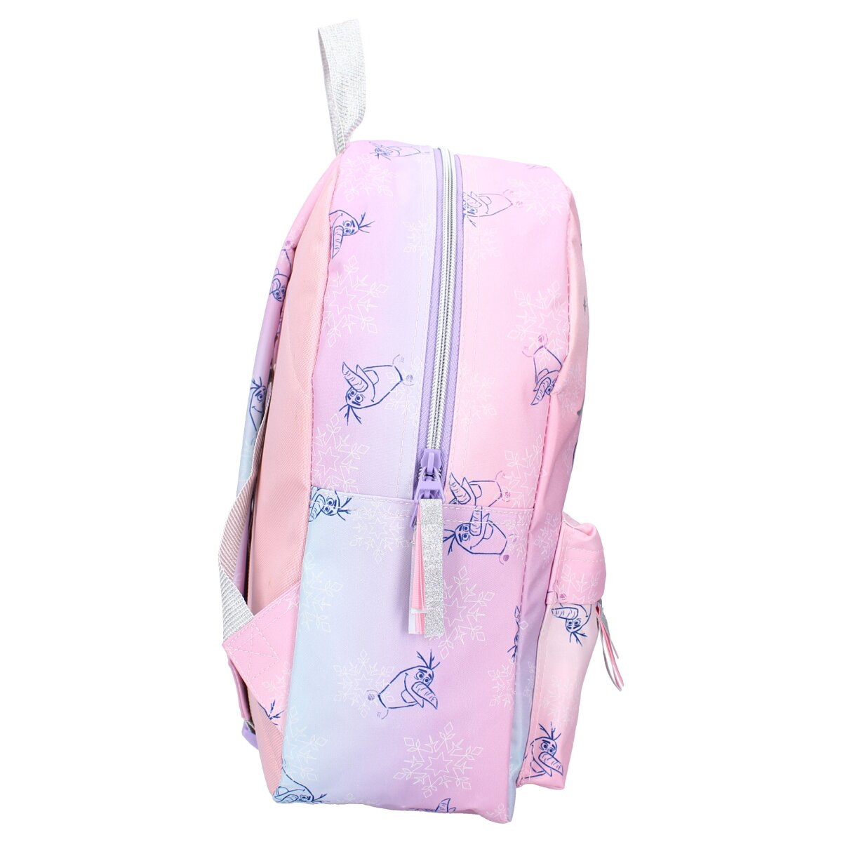Rosa Rucksack mit Frozen-Motiv. Er hat einen Reißverschluss und eine Seitentasche.