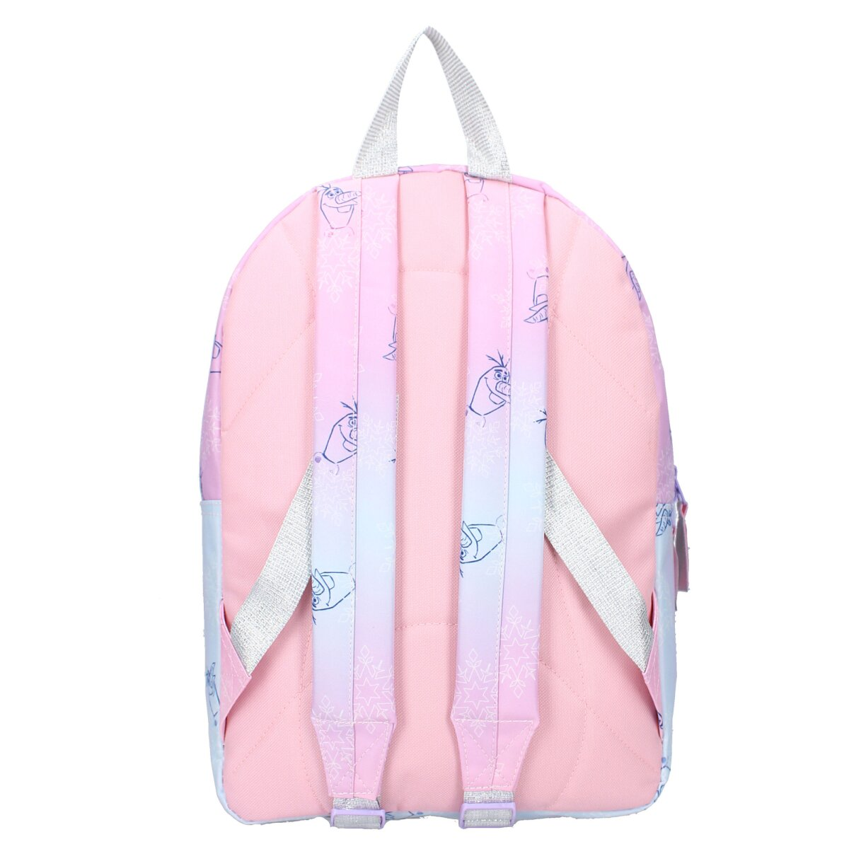 Rosa Frozen-Rucksack mit Anna- und Olaf-Design. Weiße Träger und ein rosa-blauer Farbverlauf.