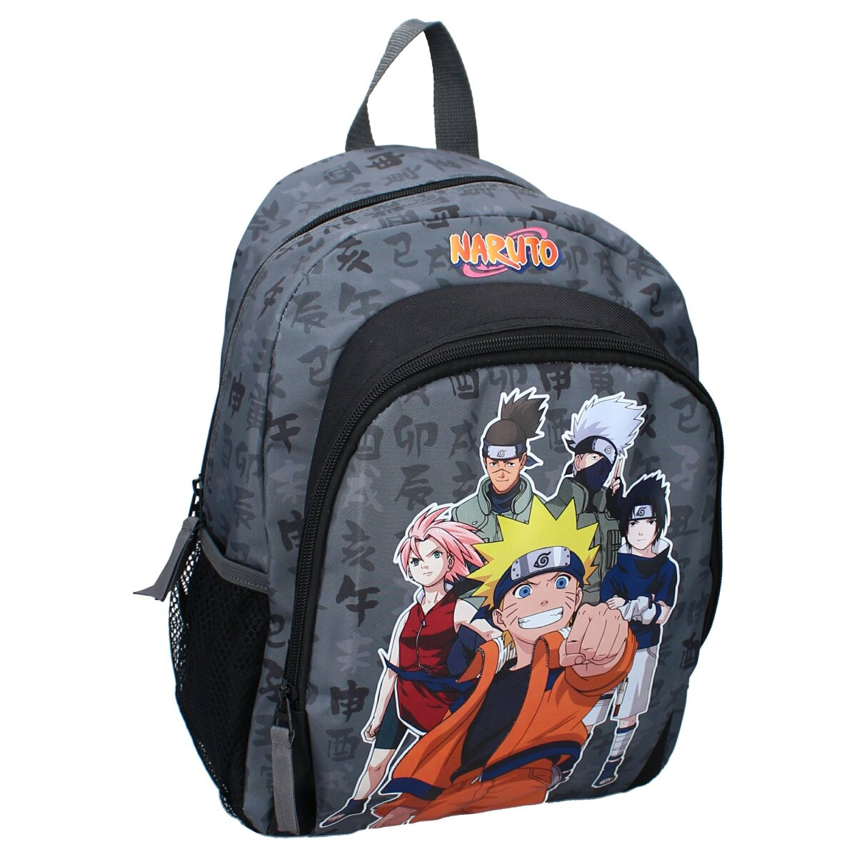 Naruto-Rucksack mit Charakteren, schwarzen Akzenten und einer seitlichen Netztasche.