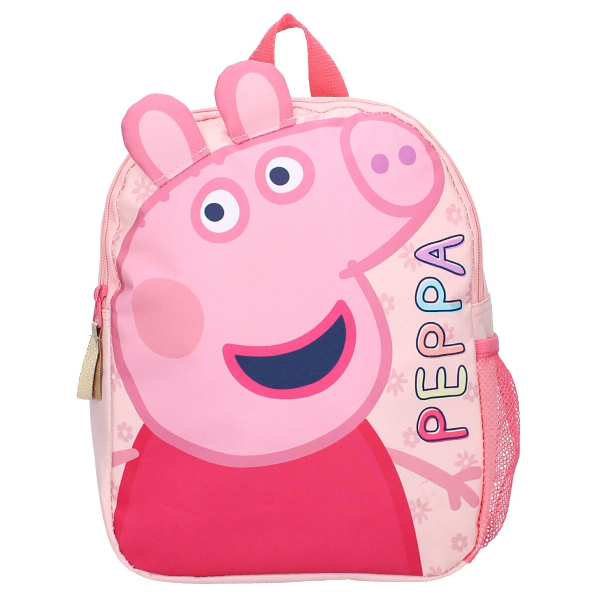 Rosa Peppa Wutz Rucksack mit lächelndem Gesicht, Seitenansicht.