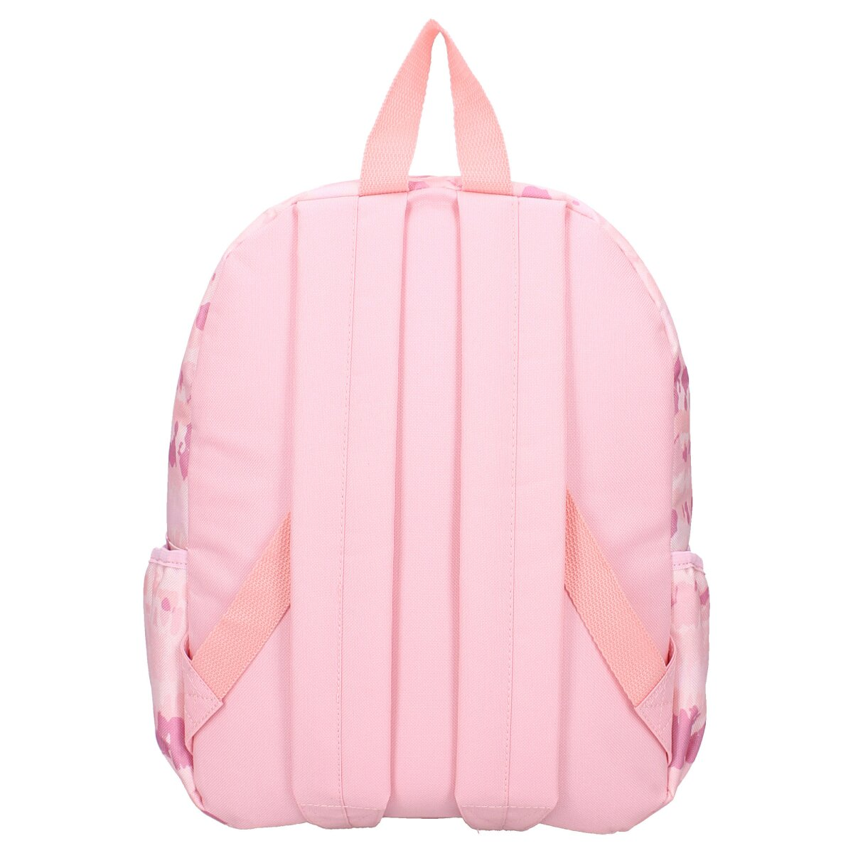 Rosa Rucksack mit rosa Trägern und rosa Blumenmuster.