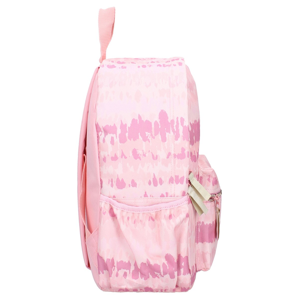 Rosa Rucksack mit Batikmuster an den Seiten und einer kleinen Tasche.