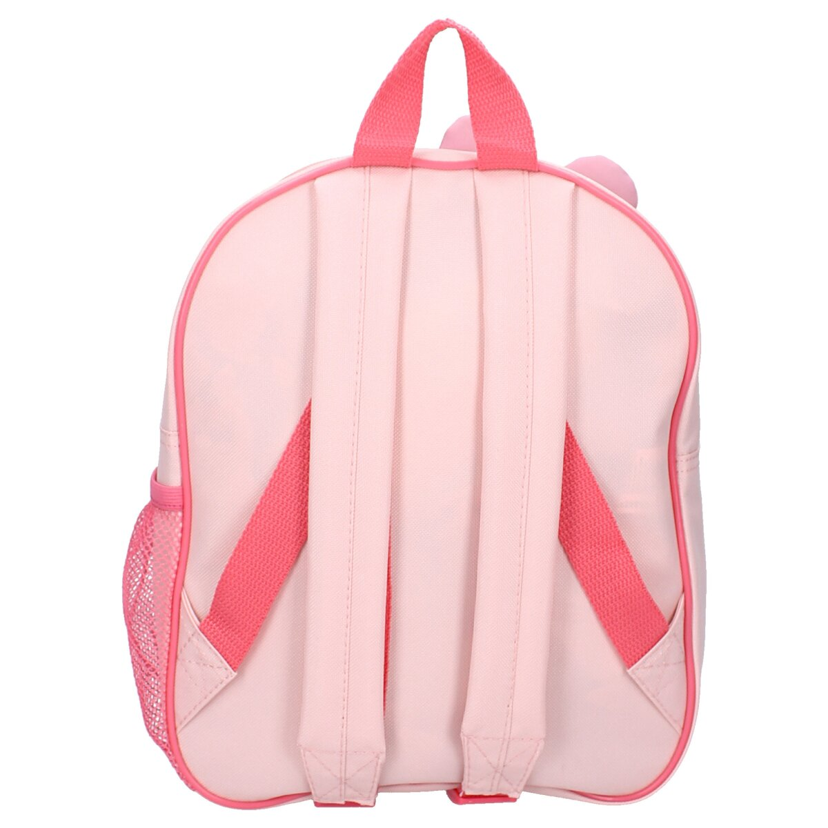 Rosa Rucksack mit rosa Trägern und einer seitlichen Netztasche. Das Design hat Cartoon-Charakter.