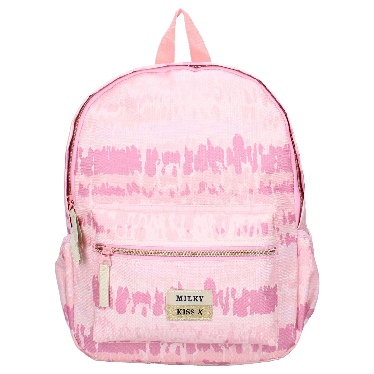 Rosa Batik-Rucksack mit zwei Reißverschlüssen, einer kleinen Tasche und einem Anhänger. Milky Kiss X Label.