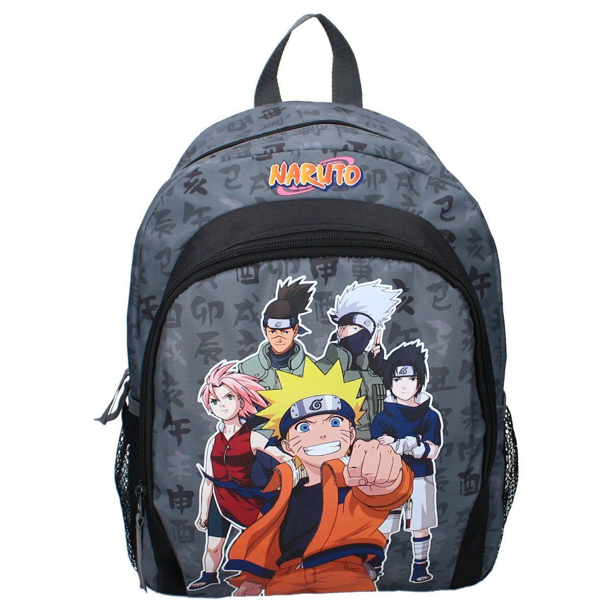 Naruto-Rucksack mit einem Cartoon-Bild von Naruto und Team. Grauer Hintergrund mit japanischem Text.