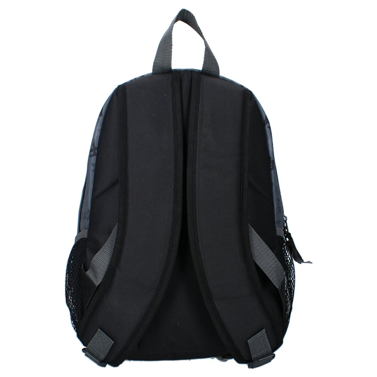 Ein schwarzer Rucksack mit grauen Akzenten. Er hat eine Seitentasche aus Mesh und einen Griff oben.