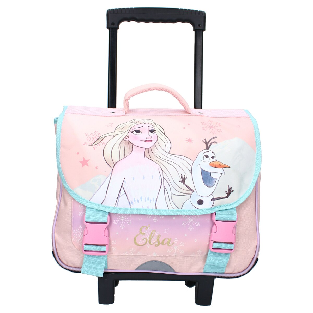 Rosa-blauer Frozen-Trolley-Rucksack mit Elsa und Olaf auf der Vorderseite. Der Griff ist oben.