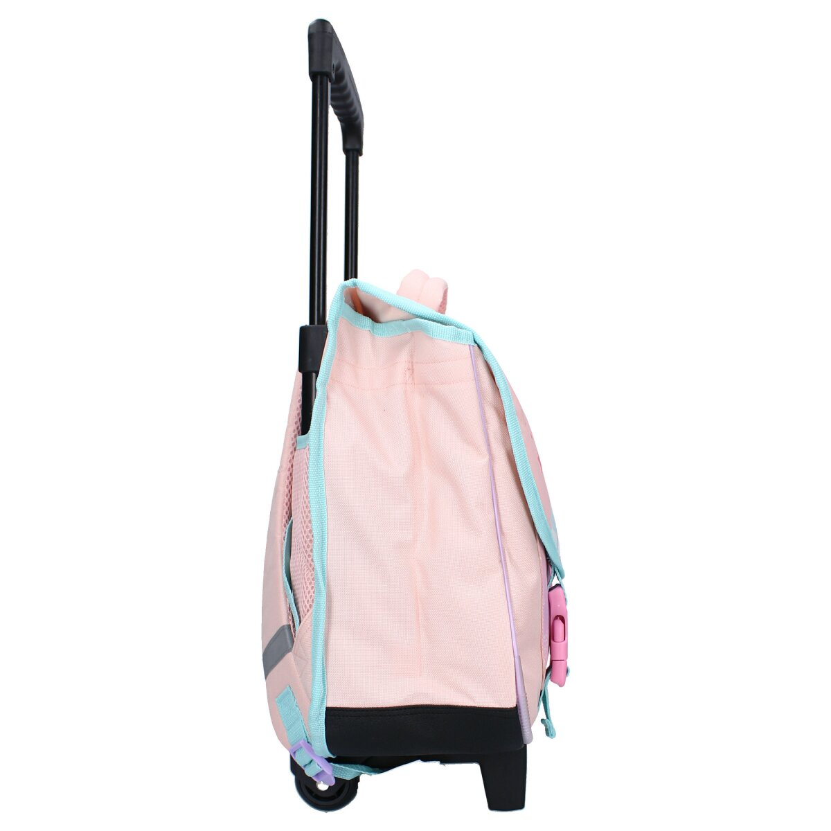 Rosa Rollrucksack mit hellblauen Zierleisten und Griff. Die Tasche hat eine Seitentasche aus Netzstoff und eine rosa Schnalle.
