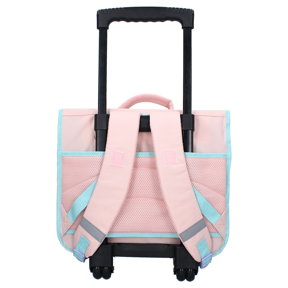 Rosa und blauer Rollrucksack. Mit Griff, Gurten und Rollen. Die Rückseite ist sichtbar.