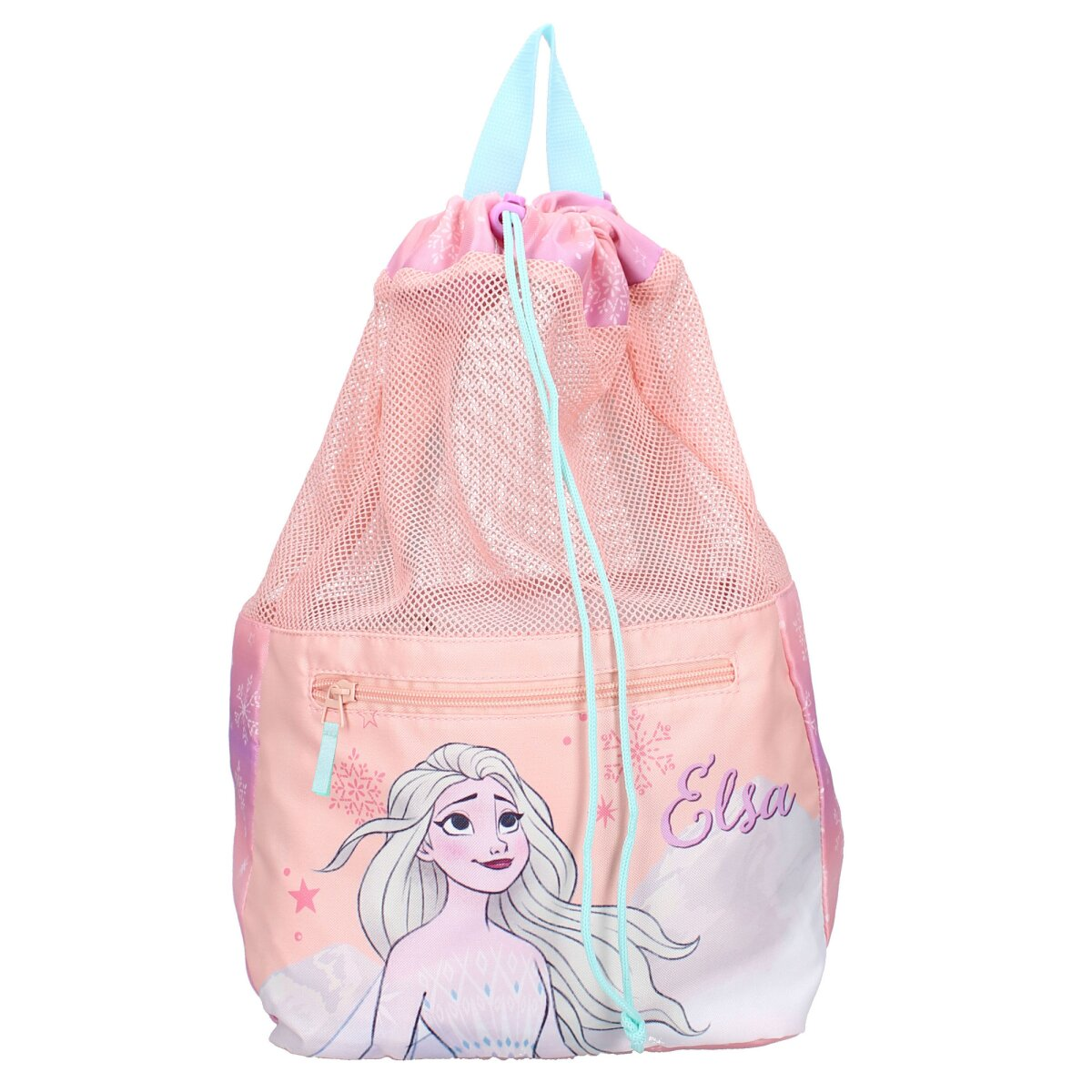 Pinker Kordelzugbeutel mit Elsa aus Frozen. Er hat eine Netzbefestigung und einen blauen Kordelzug.