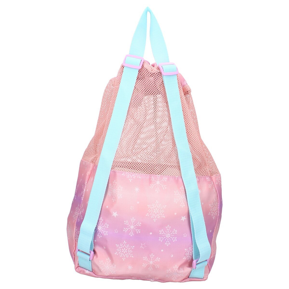 Rosa Rucksack mit blauen Trägern, mit Schneeflocken. Mesh-Oberteil.