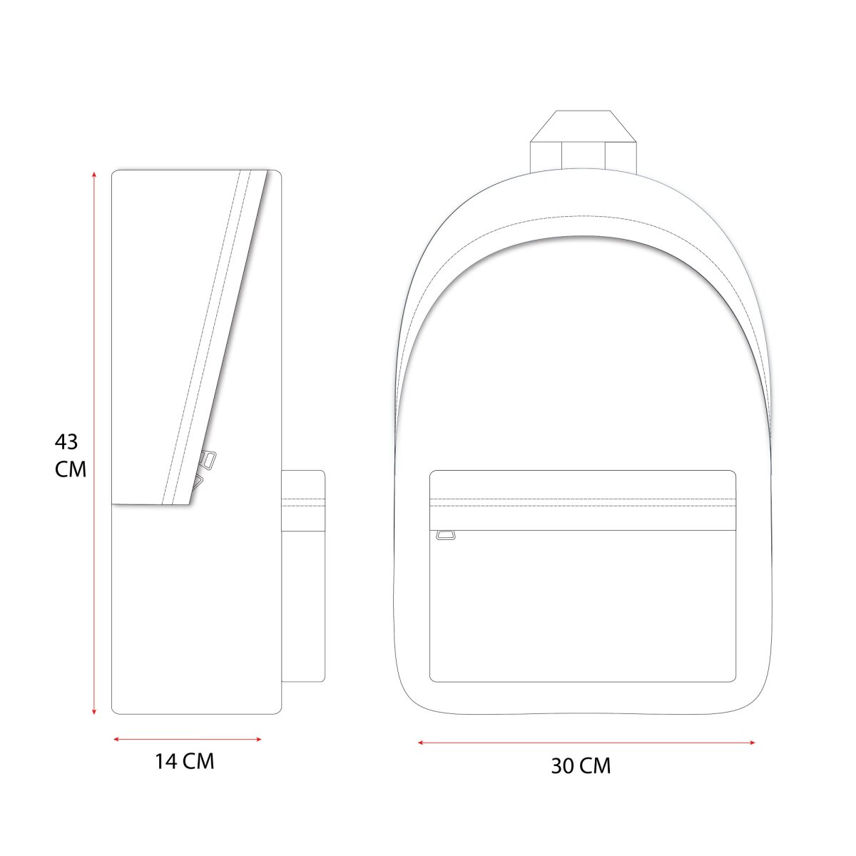 Strichzeichnung eines Rucksacks mit Maßen: 43 cm Höhe, 14 cm Breite und 30 cm Länge.