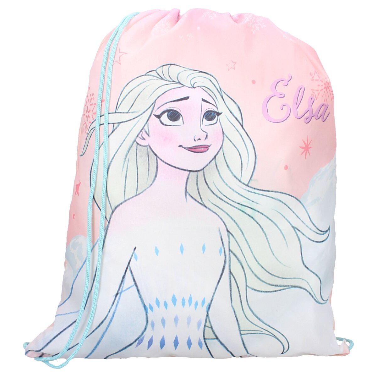 Ein rosa Kordelzugbeutel mit einem Bild von Elsa aus Frozen. Die Tasche hat einen blauen Kordelzug.