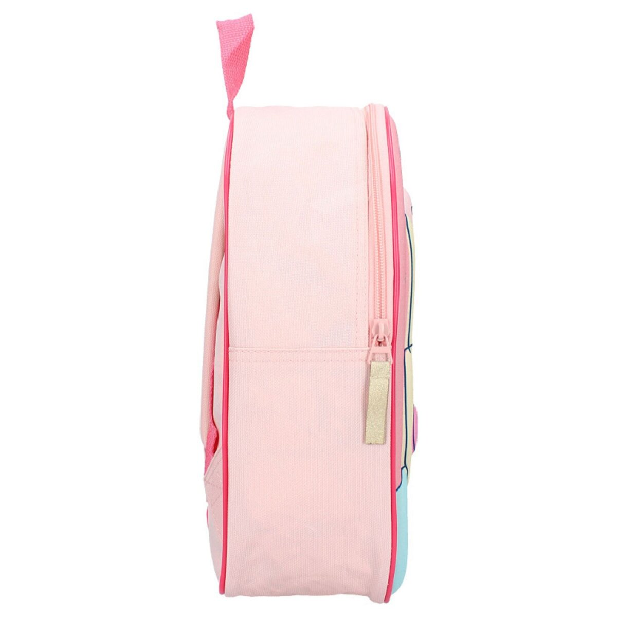 Rosa Seite eines Einhorn-Rucksacks mit rosa Reißverschluss und Tragegriff.