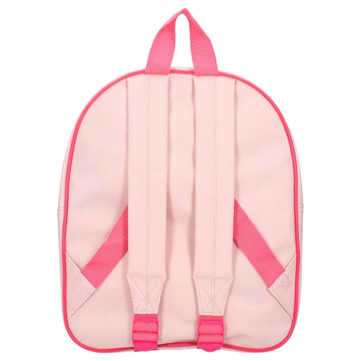 Rosa Rucksack mit rosa Trägern und Besatz. Die Tasche hat zwei rosa Schultergurte und einen rosa Griff oben.