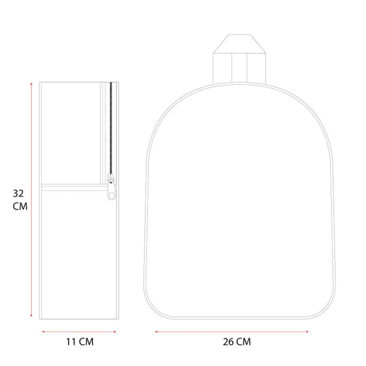 Eine weiße rechteckige Tasche und ein runder Rucksack, beide mit den Maßen 32 cm x 11 cm und 26 cm.