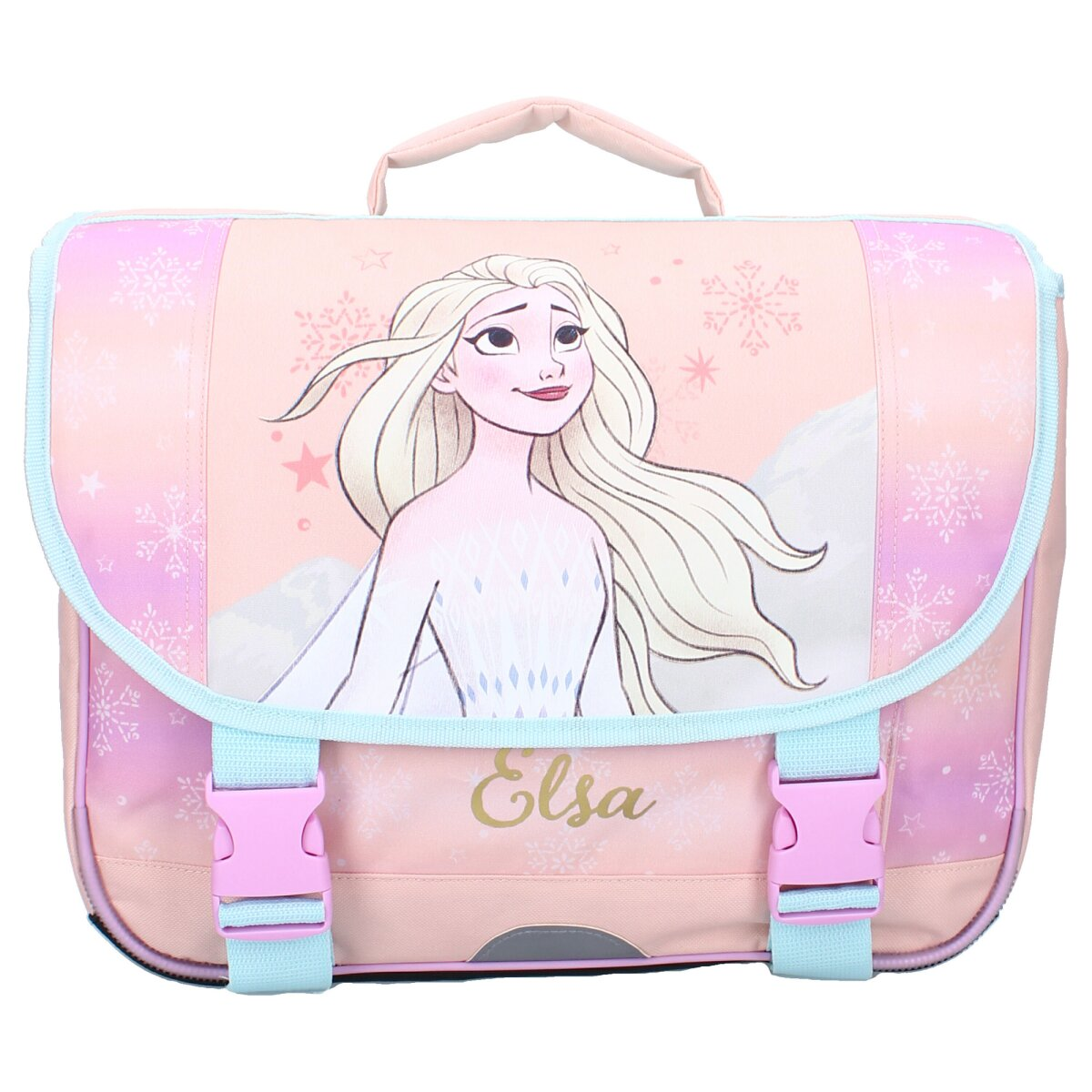 Rosa Schultasche mit Elsa aus Frozen auf der Vorderseite, mit Schneeflocken und blauem Riemen.