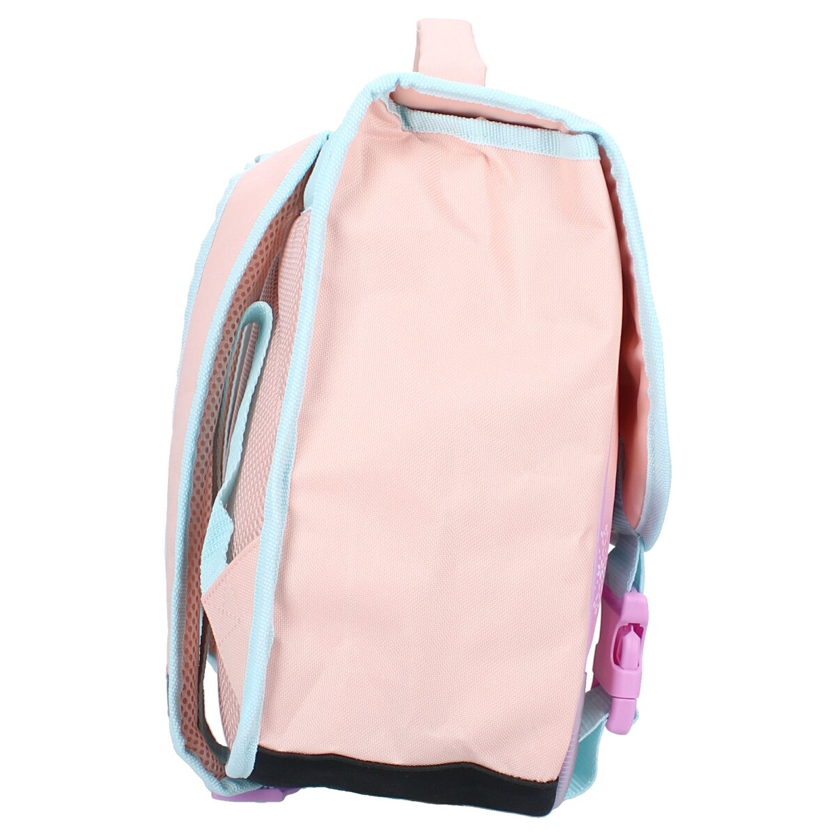 Rosa und blauer Rucksack. Der Rucksack hat einen rosa Körper, blaue Zierleisten und eine Schnalle.